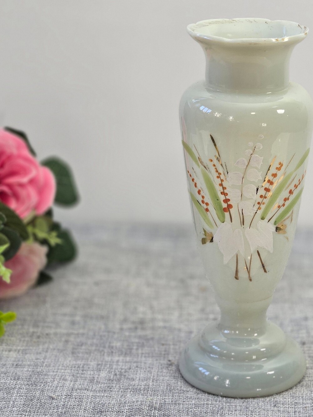Vintage Glass‎ Vase With Floral Hand Enameled Details 8.75" Tall
